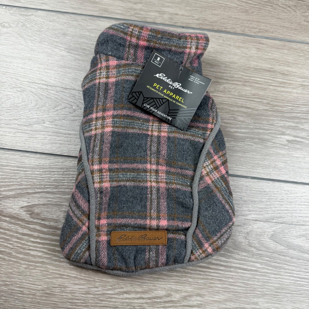 Eddie Bauer Pet Dog Vest Plaid Fleece Hook and Loop Grey Pink Small